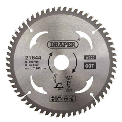 Draper TCT SAW BLADE 185MM 60T LMNTE 21644 TCT Circular Saw Blade for Laminate & Wood, 185 x 25.4mm