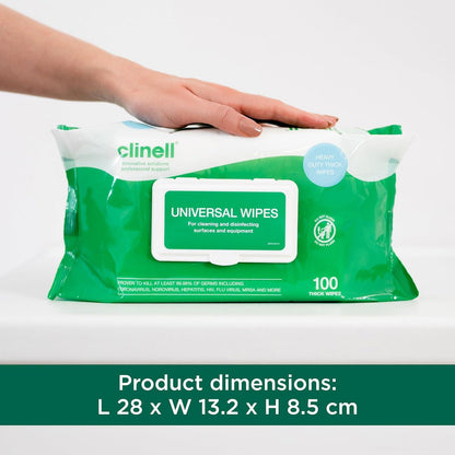 Clinell Universal Wipes White Pack of 100 Antibacterial Cleaning and Disinfectant Wipes for Hands Surfaces Equipment Healthcare Workplace and Home Use