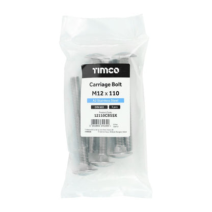 TIMCO Carriage Bolt DIN 603 A2 SS M12 x 110 Pack 5