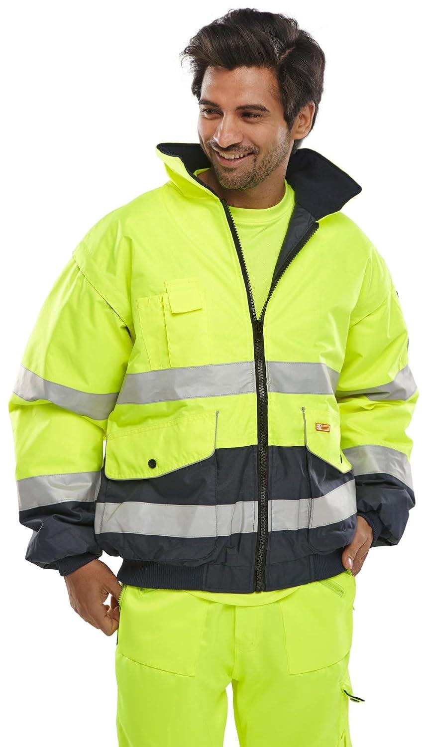 Beeswift Europa Two Tone Hi Vis Bomber Jacket Sizes S to 6XL with Removable Sleeves Detachable Fleece Liner Hood and Reflective Tape