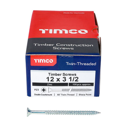 TIMCO Twin Woodscrew PZ3 CSK Zinc 12 x 3 1/2 Silver Pack 100