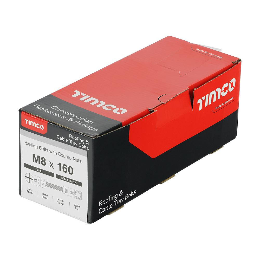 TIMCO Roofing Bolt & SQ Nut Zinc M8 x 160 Silver Pack 50