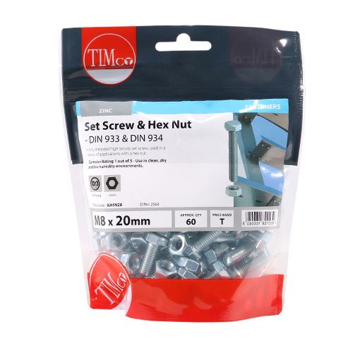 TIMCO Set Screw & Hex Nut - BZP M8 x 20 Silver Pack 60