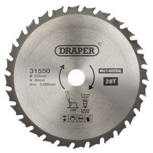 Draper TCT SAW BLADE 255MM 28T MULTI 31550 TCT Multi-Purpose Circular Saw Blade, 255 x 30mm