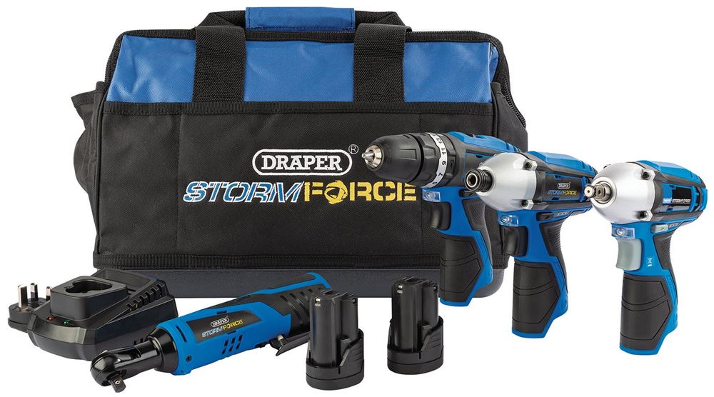 93446 Draper 12V Drill Drive and Ratchet Interchange Kit II, 2 x 1.5Ah Li-ion Batterie Charger Power Tool Kits Professional Trade DIY Workshop Garag