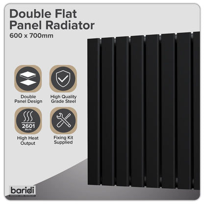 Baridi DH345 Horizontal Radiator Contemporary Double Flat Panel Design 600 x 700mm - Black | Steel | Horizontal flat panel design delivers a BTU