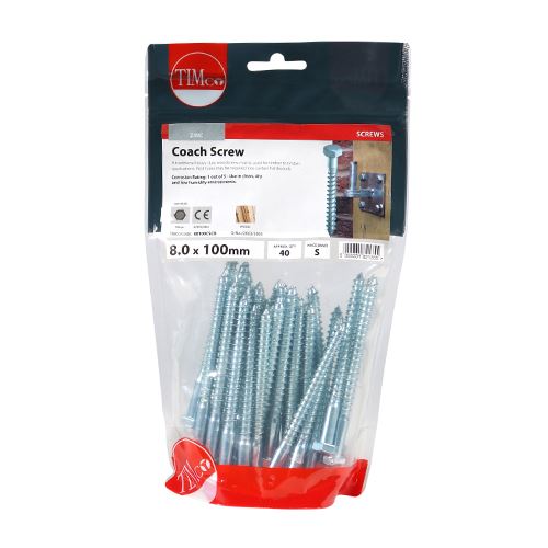 TIMCO Coach Screws Hex Head Silver  - 8.0 x 100 TIMbag OF 40 - 08100CSCB