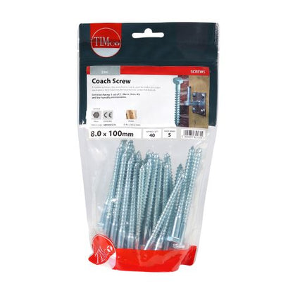 TIMCO Coach Screws Hex Head Silver  - 8.0 x 100 TIMbag OF 40 - 08100CSCB