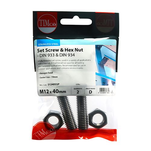 TIMCO Set Screw & Hex Nut - A2 SS M12 x 40 Silver Pack 2