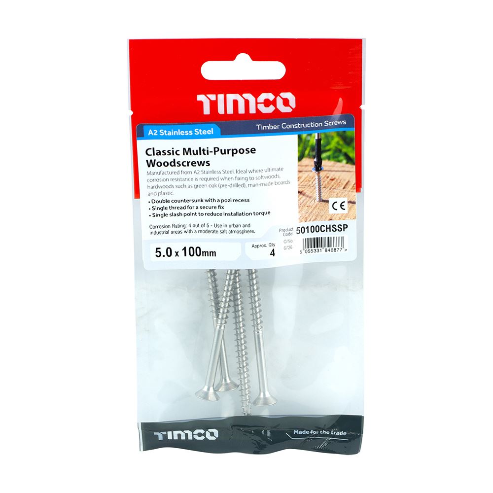 TIMCO Classic Screw PZ2 CSK - A2 S/S 5.0 x 100 Pack 4
