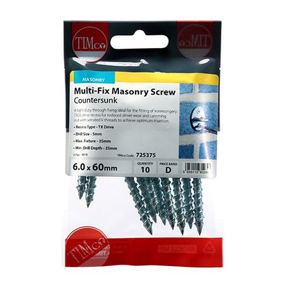TIMCO Multi-Fix Masonry Screw - CSK 6.0 x 60 Silver Pack 10