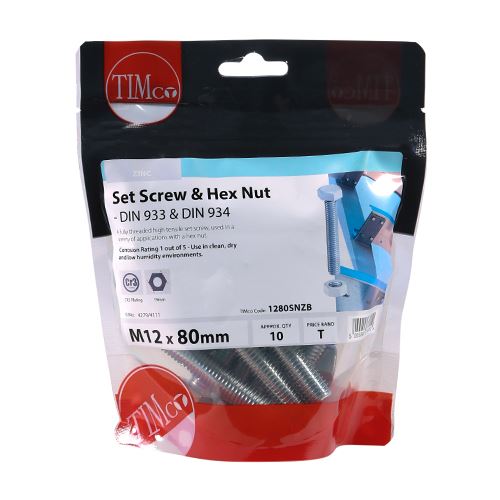 TIMCO Set Screw & Hex Nut - BZP M12 x 80 Silver Pack 10