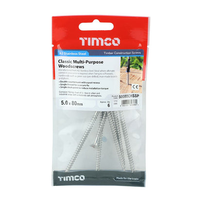 TIMCO Classic Screw PZ2 CSK - A2 S/S 5.0 x 80 Pack 6