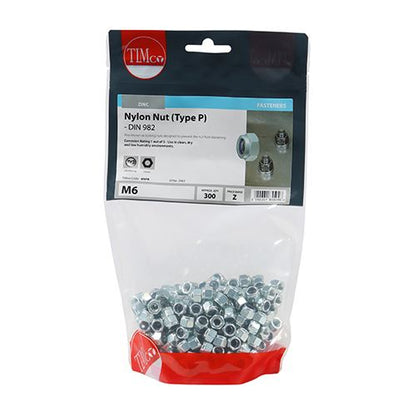 TIMCO P Nylon Nut DIN 982 - BZP M6 Silver Pack 300