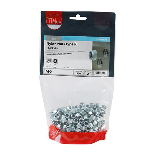 TIMCO P Nylon Nut DIN 982 - BZP M6 Silver Pack 300