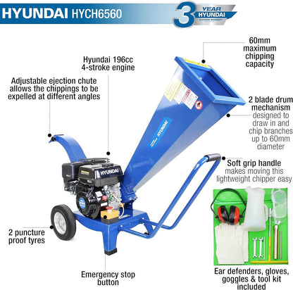 Hyundai HYCH6560 Petrol Wood Chipper 196cc 60mm 4-Stroke Garden Shredder Mulcher Garden Shredder Mulcher