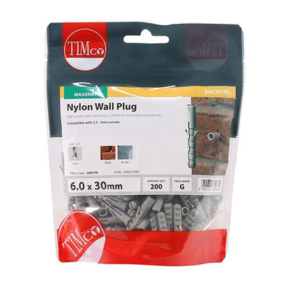 TIMCO Nylon Plug 6.0 x 30 Pack 200