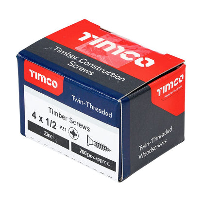TIMCO Twin Woodscrew PZ1 CSK Zinc 4 x 1/2 Silver Pack 200