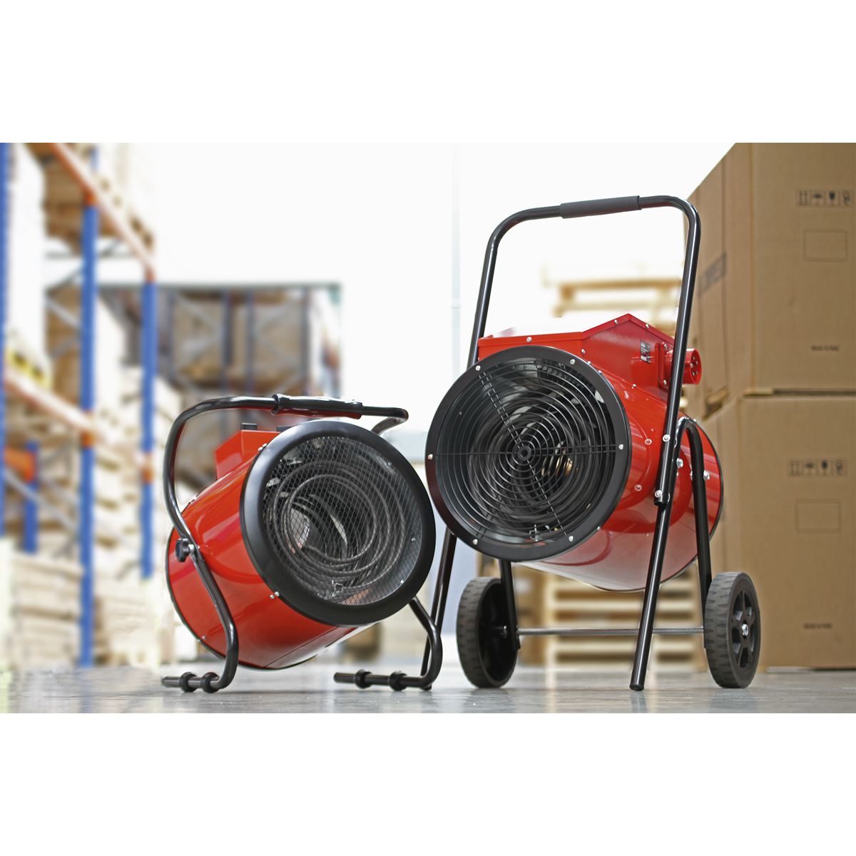Sealey EH5001 Industrial Fan Heater 5kW/400V | 17,000Btu/hr, 2500/5000W, 400V-16A, Thermostat, Overheat Protection, Tip-Over Switch, Adjustable