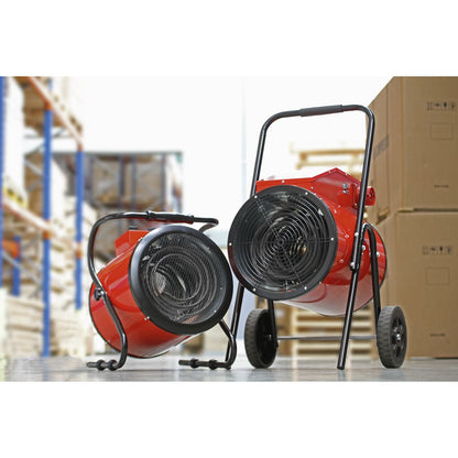 Sealey EH5001 Industrial Fan Heater 5kW/400V | 17,000Btu/hr, 2500/5000W, 400V-16A, Thermostat, Overheat Protection, Tip-Over Switch, Adjustable