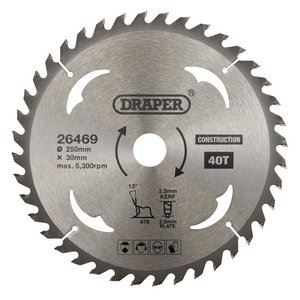 Draper TCT SAW BLADE 250MM 40T CONS 26469 TCT Construction Circular Saw Blade, 250 x 30mm