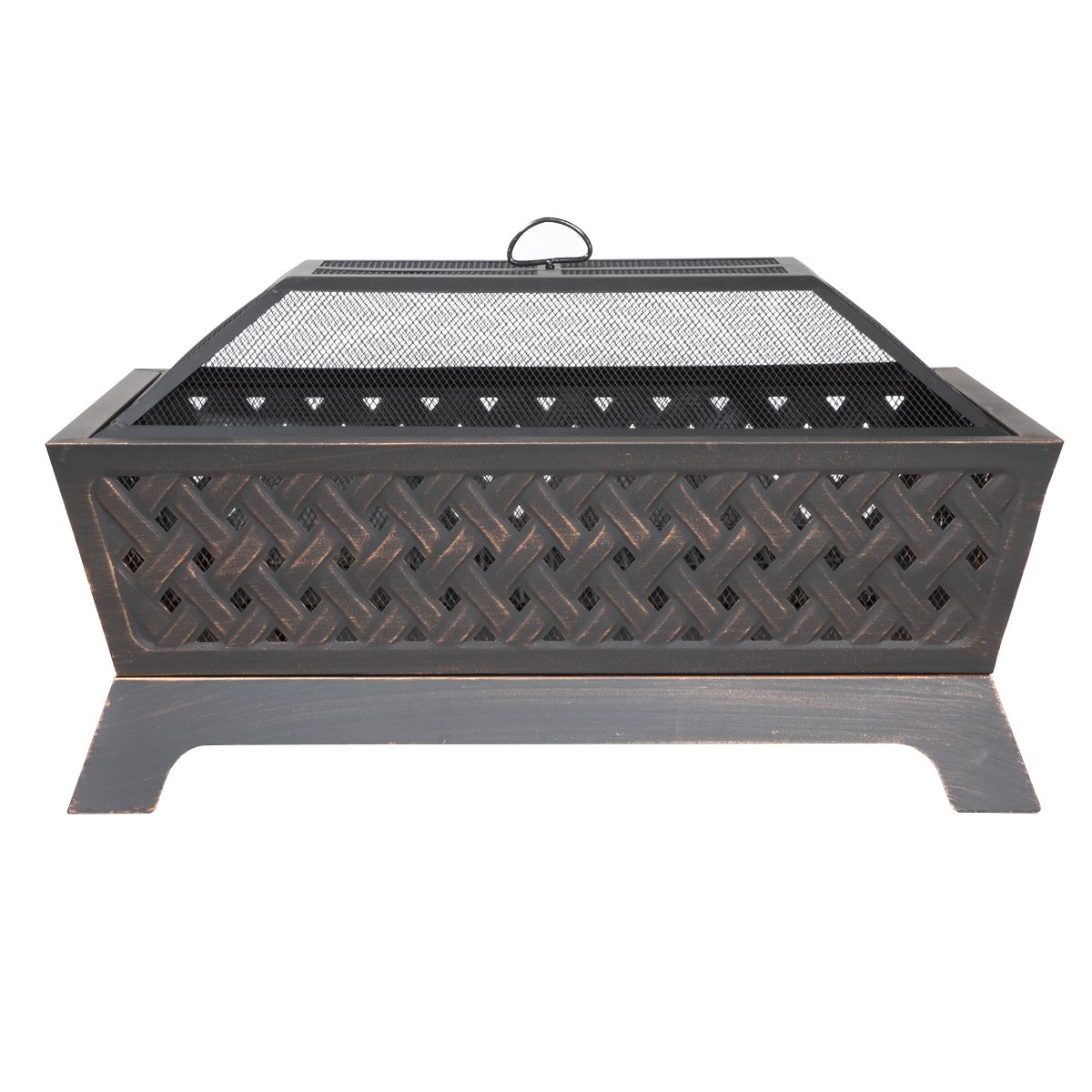 Dellonda DG44 89cm Rectangular Outdoor Fire Pit, Antique Bronze Effect | Safety Screen | Contemporary style rectangular fire pit is perfect for