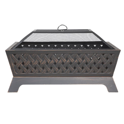 Dellonda DG44 89cm Rectangular Outdoor Fire Pit, Antique Bronze Effect | Safety Screen | Contemporary style rectangular fire pit is perfect for