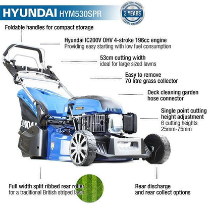 Hyundai HYM530SPR Petrol Lawn Mower 53cm 21in 196cc Self Propelled Rear Roller 70L 21"/53cm Garden Mower Garden Grass Cutting