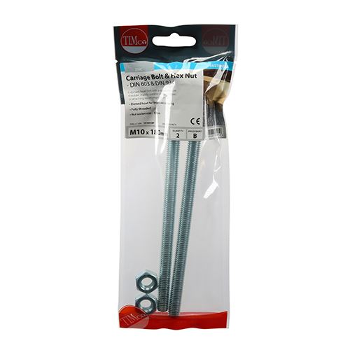 TIMCO Carriage Bolt & Hex Nut - BZP M10 x 180 Silver Pack 2