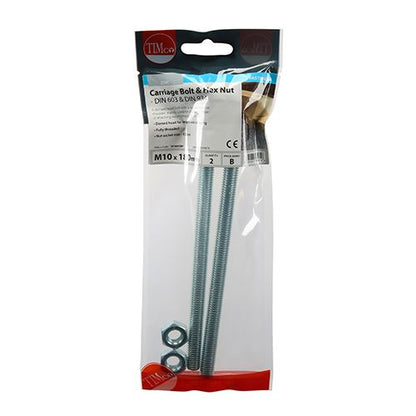 TIMCO Carriage Bolt & Hex Nut - BZP M10 x 180 Silver Pack 2