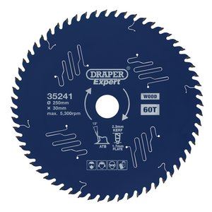 Draper TCT SAW BLADE 250MM 60T 35241 TCT Circular Saw Blade for Wood with PTFE Coating