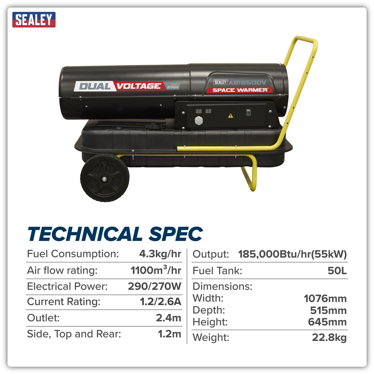 Sealey AB1850DV Dual Voltage Space Warmer Kerosene/Diesel Heater with Wheels 185,000Btu/hr(55kW) | 230V ~ 50Hz or 110V ~ 50Hz, Thermostat, Wheels