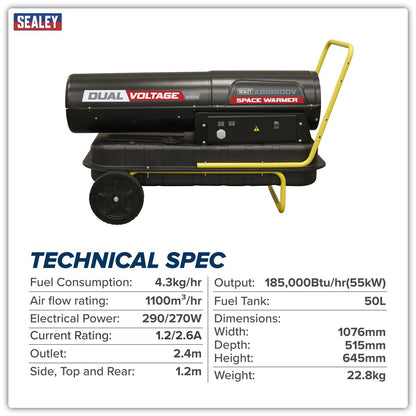Sealey AB1850DV Dual Voltage Space Warmer Kerosene/Diesel Heater with Wheels 185,000Btu/hr(55kW) | 230V ~ 50Hz or 110V ~ 50Hz, Thermostat, Wheels