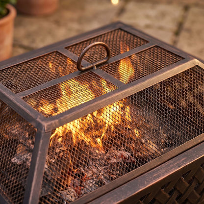 Dellonda DG44 89cm Rectangular Outdoor Fire Pit, Antique Bronze Effect | Safety Screen | Contemporary style rectangular fire pit is perfect for