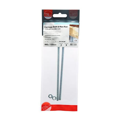 TIMCO Carriage Bolt & Hex Nut - BZP M6 x 150 Silver Pack 2