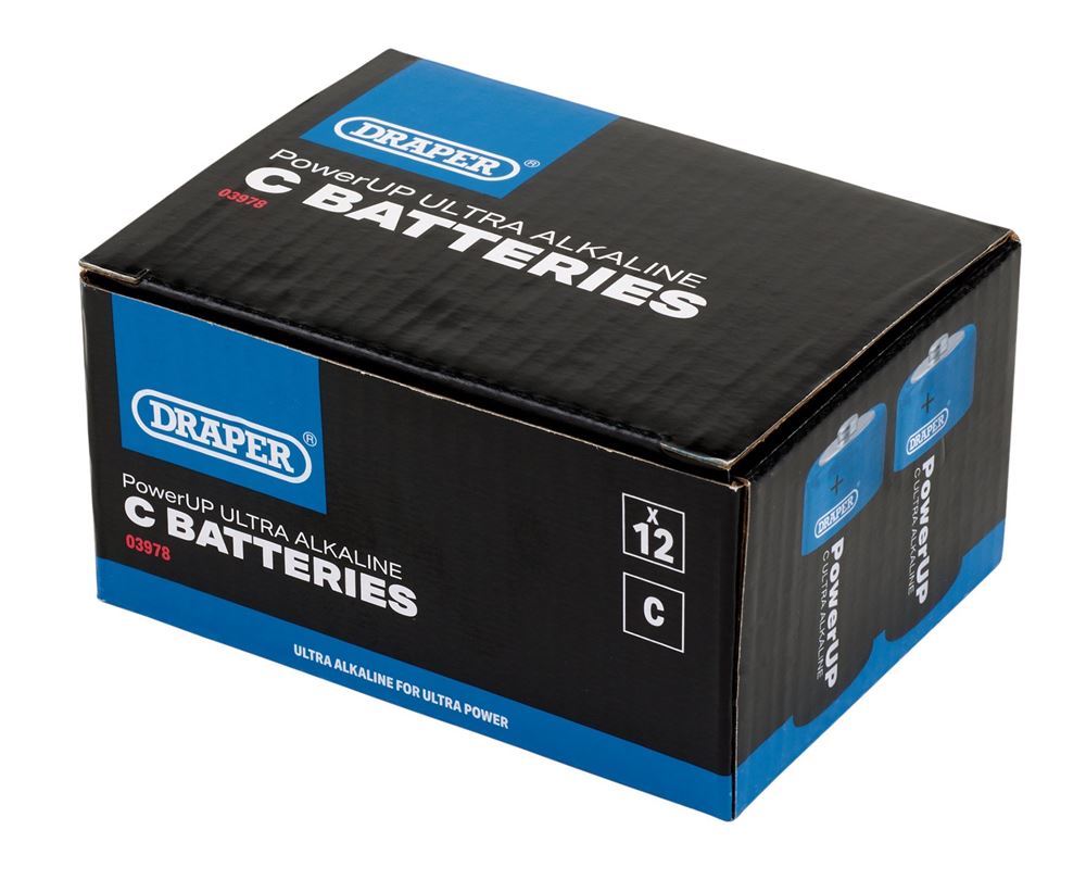 03978 Draper PowerUP Ultra Alkaline C Batteries (Pack of 12) BATT/C/12 Battery 50mm Professional Trade DIY Workshop Garage Use