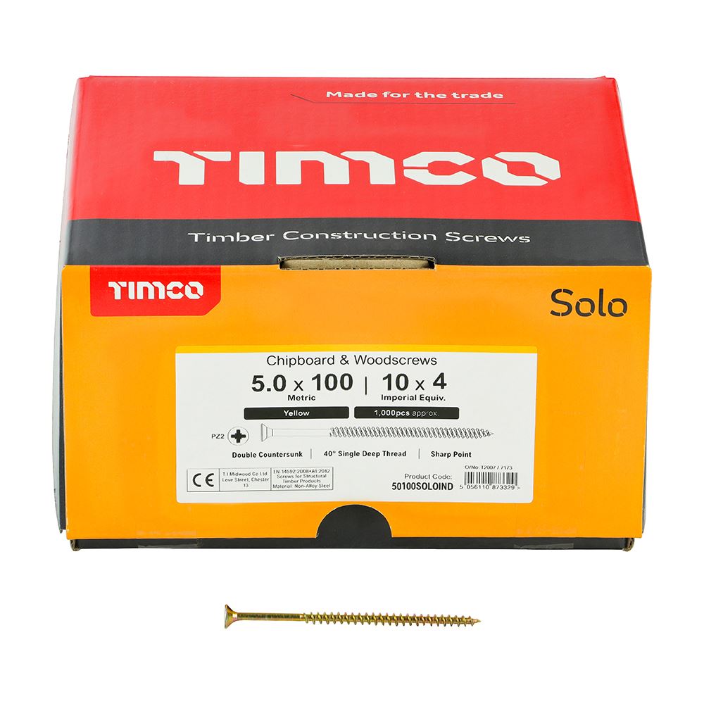 TIMCO Solo Woodscrew CSK - ZYP (IND) 5.0 x 100 Gold Pack 1000