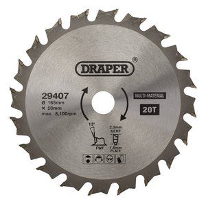 Draper TCT SAW BLADE 165MM 20T MULTI 29407 TCT Multi-Purpose Circular Saw Blade, 165 x 20mm