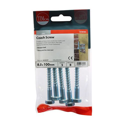 TIMCO Coach Screws Hex Head Silver  - 8.0 x 100 TIMpac OF 5 - 08100CSCP