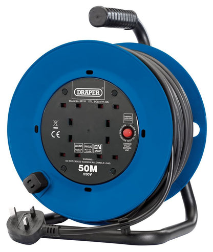 02120 Draper 230V Four Socket Industrial Cable Reel, 50m DCR5013ICE Extension Leads Professional Trade DIY Workshop Garage Use