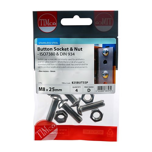 TIMCO Button Socket & Nut - A2 SS M8 x 25 Pack 4