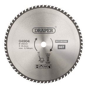Draper TCT SAW BLADE 355MM 66T MULTI 04904 TCT Multi-Purpose Circular Saw Blade, 355 x 25.4mm, 66T
