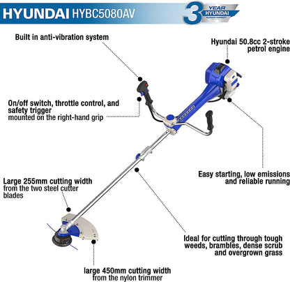 Hyundai HYBC5080AV Grass Trimmer 50.8cc Anti Vibration Brushcutter Garden Strimmer Brushcutter