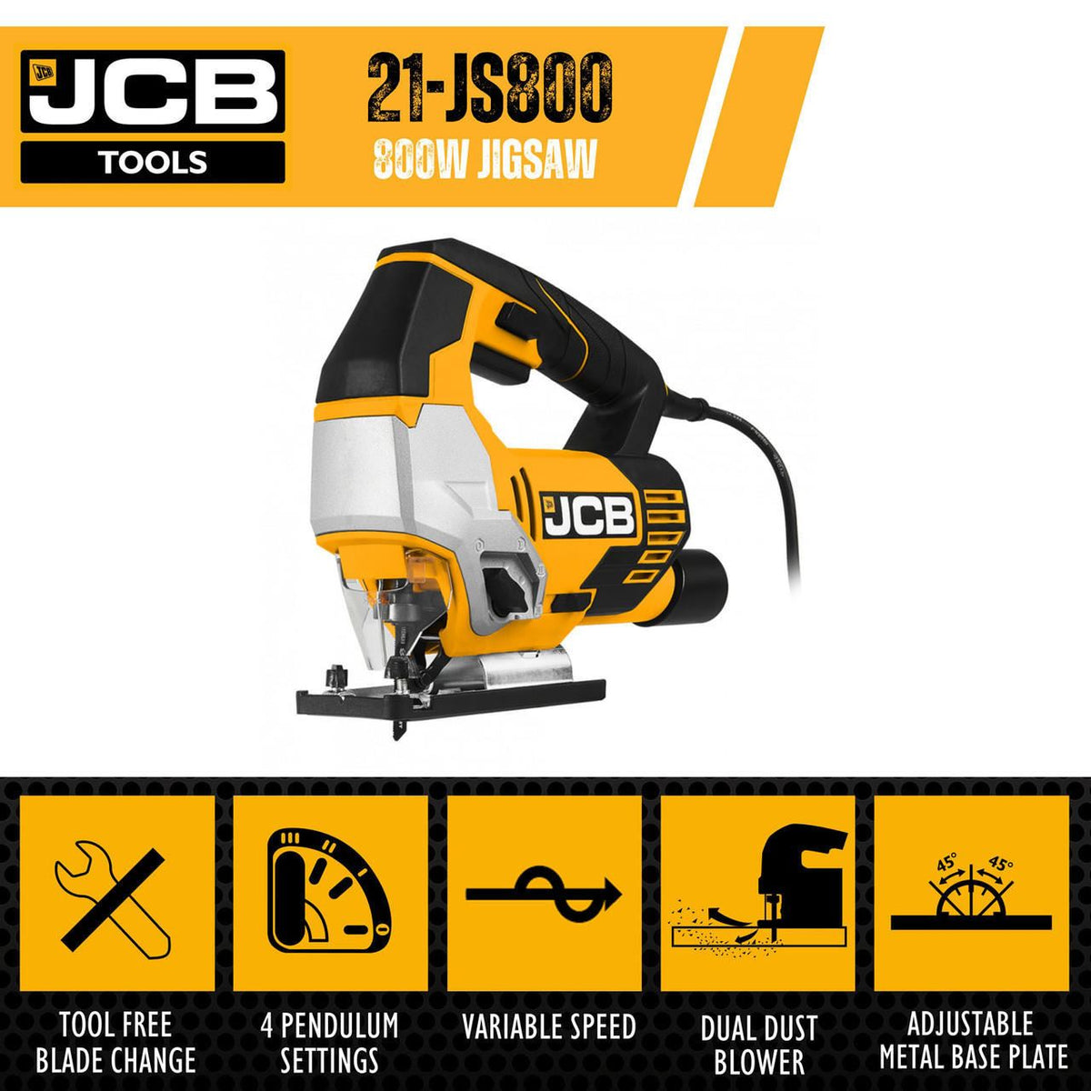 JCB 21-JS800 Jigsaw 800W 230V 0-45 Degree Variable Speed Electric Jigsaw Wood Cutter