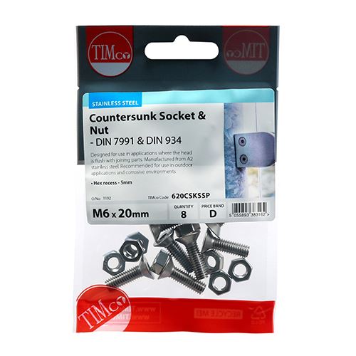 TIMCO CSK Socket & Nut - A2 SS M6 x 20 Pack 8