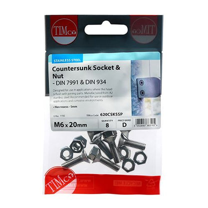 TIMCO CSK Socket & Nut - A2 SS M6 x 20 Pack 8