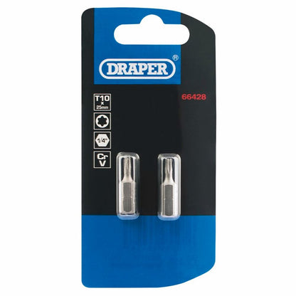 Draper 2PC 25MM T10 S/D BIT 66428 1/4" hex. Draper TX-STARÂ® E Shank Insert Bits