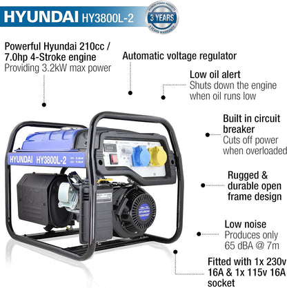 Hyundai HY3800L-2 Petrol Generator 3.2kW 4kVA Recoil Start Portable Site Power Backup Power Portable Backup Site Power