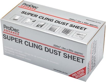 ProDec Advance Super Cling Polythene Dust Sheet Roll 4m x 50m 200sqm – Static Cling Protective Film with Dispenser Box & Safety Cutter