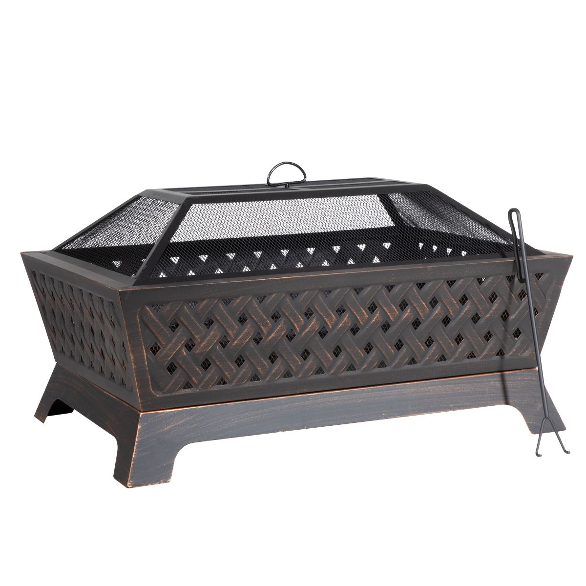 Dellonda DG44 89cm Rectangular Outdoor Fire Pit, Antique Bronze Effect | Safety Screen | Contemporary style rectangular fire pit is perfect for